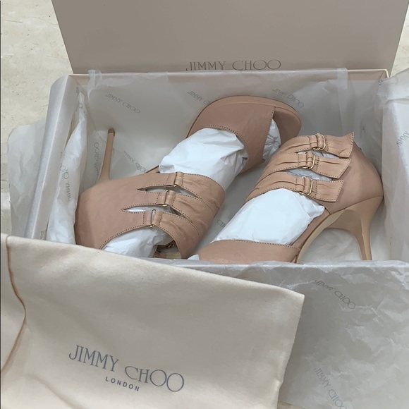 HOST PIC RARE JIMMY CHOO OYSTER POWDER PINK LEATHER PLATFORM SANDALS SIZE US 8 - Picture 12 of 12